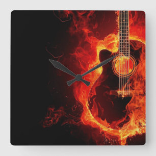 Brennende Gitarre, Orange Flammen Musik Rockband Quadratische Wanduhr
