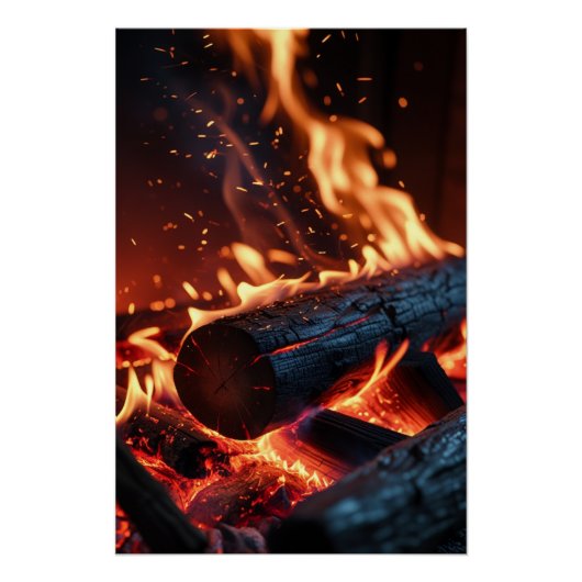 Brennende Holzscheite – Poster mit Glut und Funken (Vorderseite)