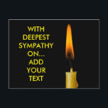 Brennende Kerze und dein Text. 2 Postkarte<br><div class="desc">Brennwachskandle vor schwarzem Hintergrund. Sie können Ihren eigenen Text hinzufügen, um ein benutzerdefiniertes Produkt zu erstellen, um Beileid für jede Person, jeden Ort oder jede Veranstaltung auszudrücken. Postcard horizontal Mit tiefstem Beileid... Fügen Sie Ihren Text hinzu oder ändern Sie den Text. Vergessen Sie nicht, die Farbe und Schrift des Schriftartes...</div>