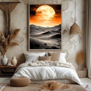 Brennender Mond über Wüstendünen – Monochrom Poster