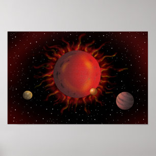 Brennender roter Riesenstern und Planeten, die zu  Poster