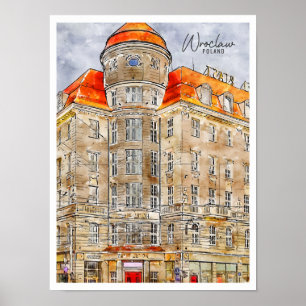 Breslau Polen Vintage-Reise Wasserfarben-Postkarte Poster