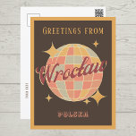 Breslau Stadt Polen Retro Vintage Postkarte<br><div class="desc">Wrocław Breslau City,  Polen,  Retro Vintag Design mit einem Diskoball in hellbraunen,  rosa und hellblauen Farben. Diese wunderschöne Postkarte ist eine perfekte Grußkarte für Breslauer Stadtbewohner,  Besucher,  Touristen oder Fans.</div>
