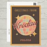 Breslau Stadt Polen Retro Vintage Postkarte<br><div class="desc">Wrocław Breslau City,  Polen,  Retro Vintag Design mit einem Diskoball in hellbraunen,  rosa und hellblauen Farben. Diese wunderschöne Postkarte ist eine perfekte Grußkarte für Breslauer Stadtbewohner,  Besucher,  Touristen oder Fans.</div>