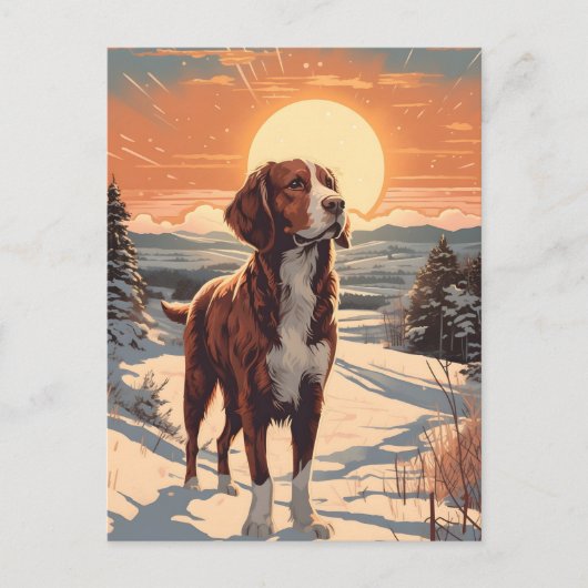 Bretagischer Hund Winterbergwald bei Sonnenunterga Postkarte (Vorderseite)