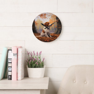 Bretagne Spaniel im Herbst Leaves Fall Inspiriert Große Wanduhr