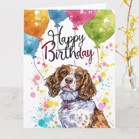 Bretagne Spaniel mit Balloons Karte (Gelbe Blume)