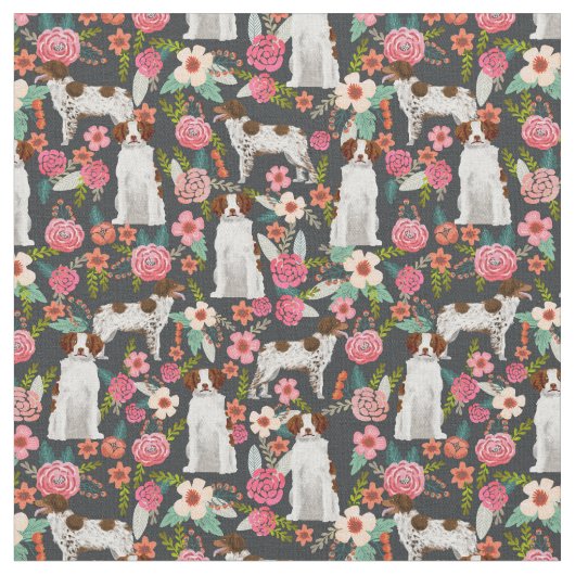 Bretagne Spaniel Vintage Blumen dunkel Stoff (Nahaufnahme)