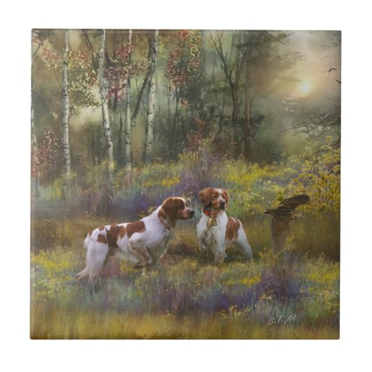 Bretagne-Spaniels, Holzjagd, Kunst Fliese (Vorderseite)
