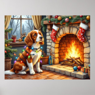 Bretonischer Spaniel Kamin mit Weihnachtslichtern Poster