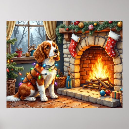 Bretonischer Spaniel Kamin mit Weihnachtslichtern Poster (Vorne)