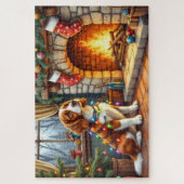 Bretonischer Spaniel Kamin mit Weihnachtslichtern Puzzle (Vertikal)