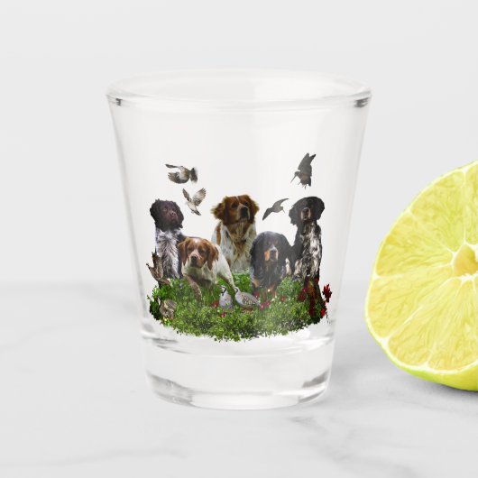 Bretonischer Spaniel und Waldschnepfe Schnapsglas (Vorderseite)