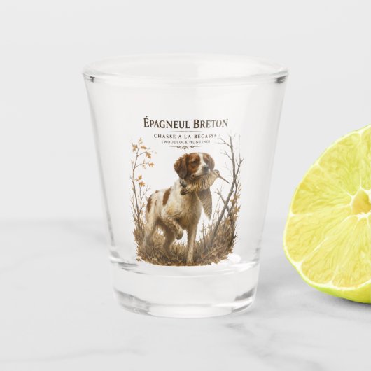 Bretonischer Spaniel und Waldschnepfe Schnapsglas (Vorderseite)