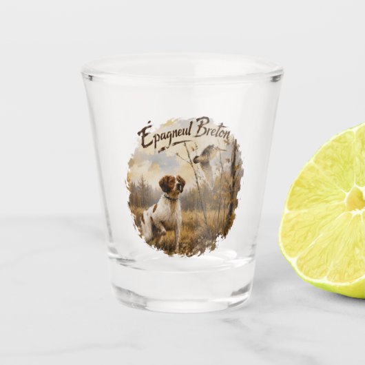 Bretonischer Spaniel und Waldschnepfe Schnapsglas (Vorderseite)