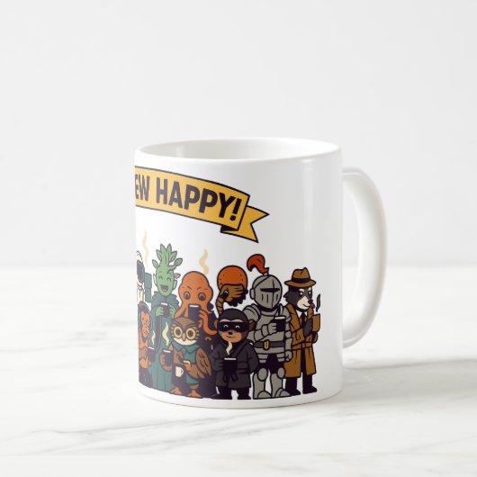 “Brew Happy! Coffee Crew Kaffeetasse (VorderseiteRechts)
