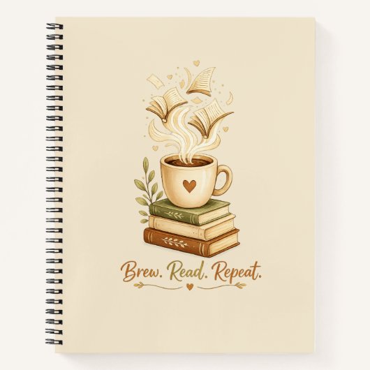 Brew. Read. Repeat. | Cozy Kaffee & Buch Notizbuch (Vorderseite)