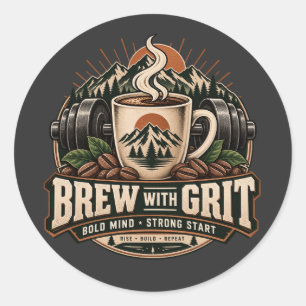 Brew With Grit Vintage Coffee Fitness Stärke Runder Aufkleber