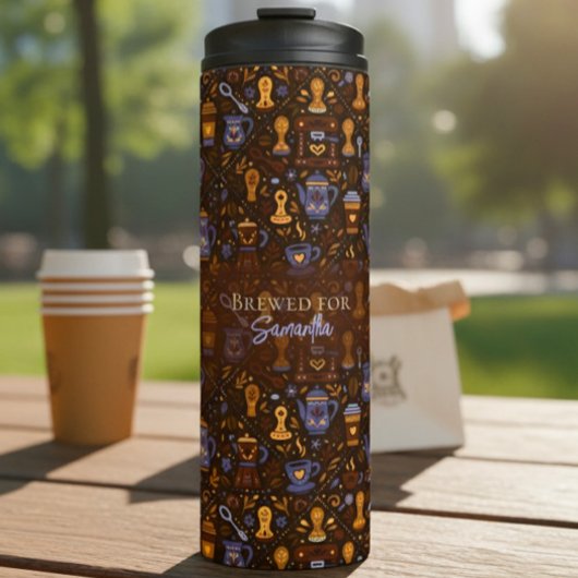 Brewed for [Name] — folk coffee (cocoa & slate) Thermosbecher