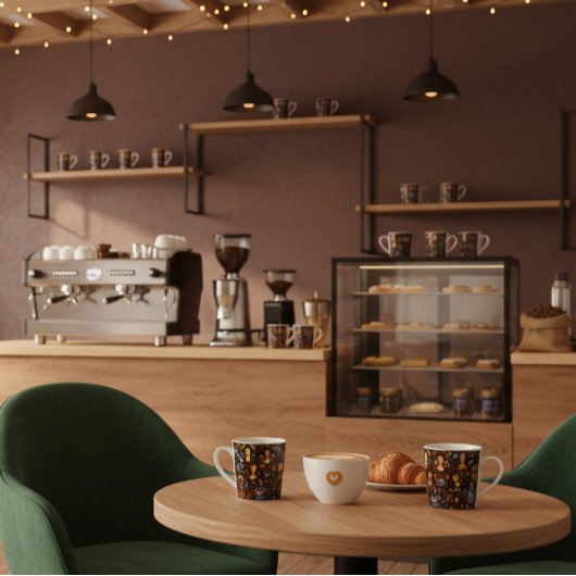 Brewed for [Name] — folk coffee pattern in cocoa Tasse