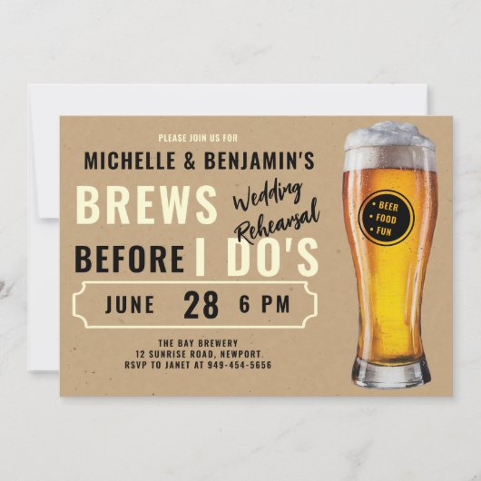 Brews, bevor ich Dos Couple Wedding Probe Lässig Einladung (Vorderseite)