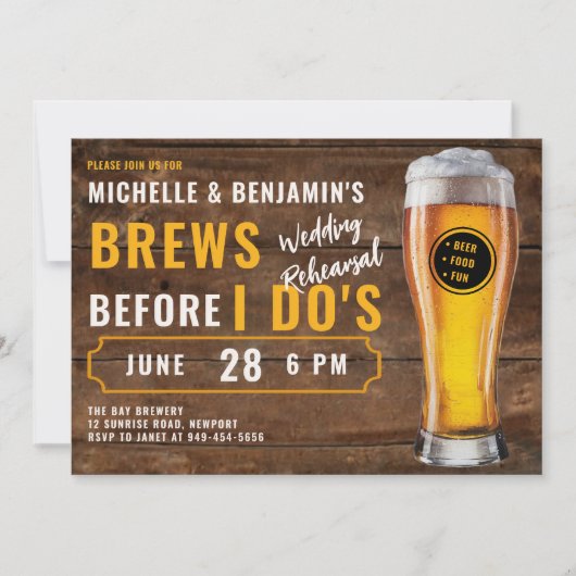 Brews, bevor ich Dos Couple Wedding Probe rustikal Einladung (Vorderseite)