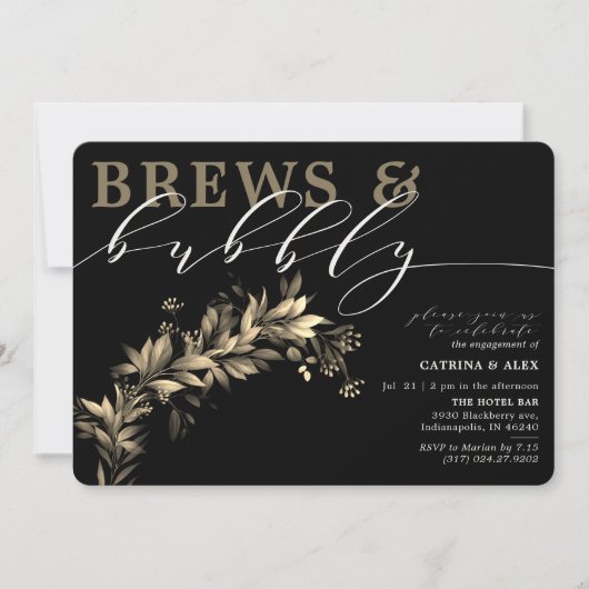 Brews bubbly Black Beig Greenery Engagement Party Einladung (Vorderseite)