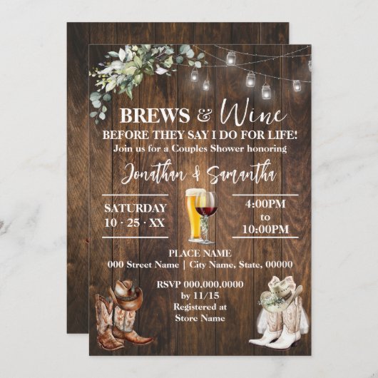 Brews & Wine bevor ich Western Brautparty mache Einladung (Vorne/Hinten)