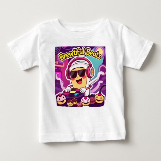 "Brewtiful Beats - DJ Coffee Cup Cartoon Sticker" Baby T-shirt (Vorderseite)