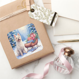 Briard Vintage-Schlitten Winter Weihnachtskunst Quadratischer Aufkleber