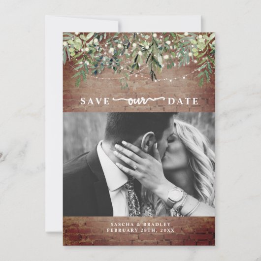 Brick Botanical String Lights Foto Wedding Save The Date (Vorderseite)