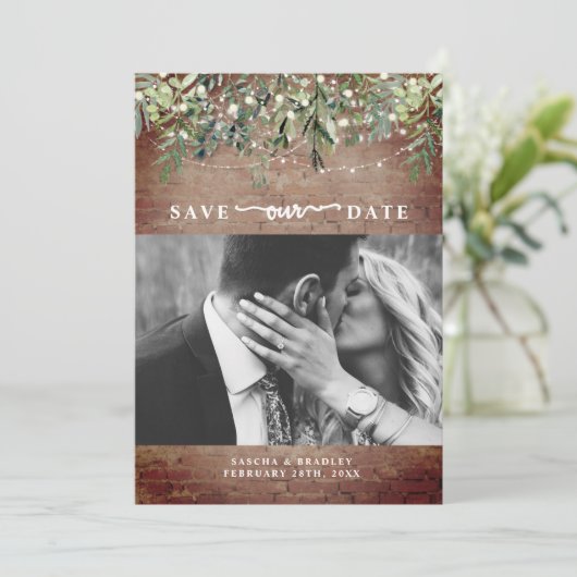 Brick Botanical String Lights Foto Wedding Save The Date (Stehend Vorderseite)