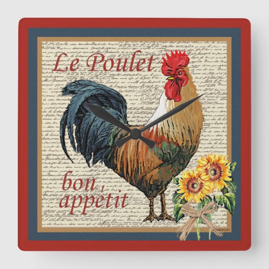 Brick Red French Country Kitchen-Rooster Quadratische Wanduhr (Vorderseite)