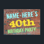 Brick Wall Graffiti Inspiriert 40. Geburtstag   Na Einladung<br><div class="desc">Dieses lustige Geburtstagsfeier-Einladungs-Design enthält eine Nachricht wie "NAME-HERE'S 40. BIRTHDAY PARTY!", wo der Name auf der Vorderseite personalisiert werden kann. Im Hintergrund ist eine Ziegelwand aus rötlich-braunen Ziegeln dargestellt. Der anpassbare Text auf der Vorderseite weist Farben wie Blau, Gelb und Grün auf und hat ein Aussehen, das von dem gemalten...</div>