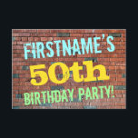 Brick Wall Graffiti Inspiriert 50. Geburtstag   Na Einladung<br><div class="desc">Dieses lustige Geburtstagsfeier-Einladungs-Design enthält eine Nachricht wie "FIRSTNAME’S 50. BIRTHDAY PARTY!", wo der Name personalisiert werden kann. Im Hintergrund ist eine Ziegelwand aus rötlich-braunen Ziegeln dargestellt. Der anpassbare Text auf der Vorderseite weist Farben wie Blau, Gelb und Grün auf und hat ein Aussehen, das von dem der bemalten Graffiti wird....</div>