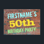 Brick Wall Graffiti Inspiriert 50. Geburtstag   Na Einladung<br><div class="desc">Dieses witzige Geburtstagsgeschenk-Einladung-Design enthält eine Nachricht wie "FIRSTNAME’S 50 th BIRTHDAY PARTY!", wo der Name auf der Vorderseite personalisiert werden kann. Im Hintergrund ist eine Ziegelwand aus rötlich-braunen Ziegeln dargestellt. Der anpassbare Text auf der Vorderseite weist Farben wie Blau, Gelb und Grün auf und hat ein Aussehen, das von dem...</div>