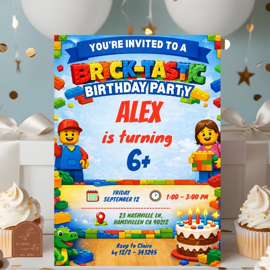 Bricks Colorful Boy Birthday Party Invitation Einladung