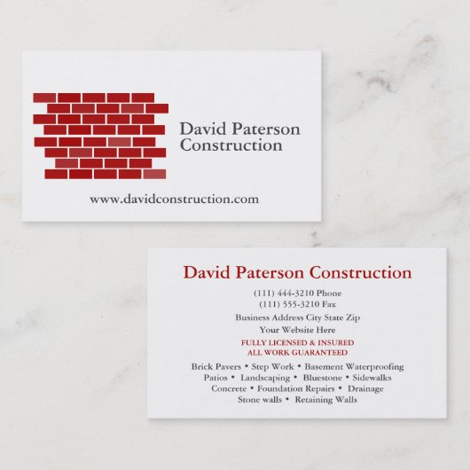 Bricks Wall Construction Carpenter Contractor Logo Visitenkarte (Vorne/Hinten)