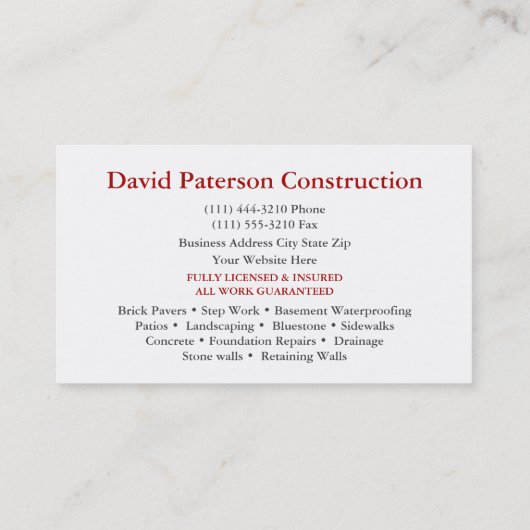 Bricks Wall Construction Carpenter Contractor Logo Visitenkarte (Rückseite)