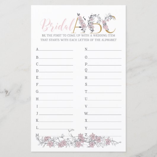 Bridal ABCs Botanisches Brautparty Game (Vorderseite)