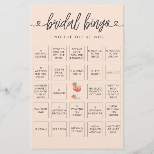 Bridal Bingo Finden Sie das Gast-Brautparty-Spiel (Vorderseite)