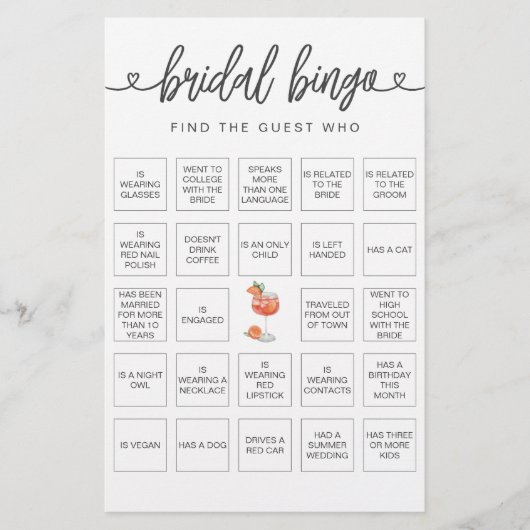 Bridal Bingo Finden Sie das Gast-Brautparty-Spiel (Vorderseite)