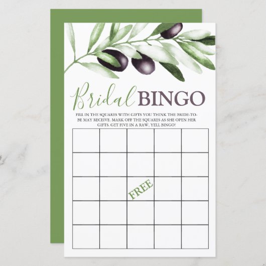 Bridal Bingo Olive Branch Brautparty Game (Vorne/Hinten)