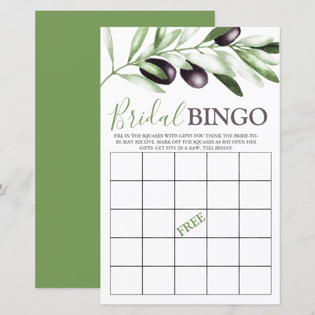 Bridal Bingo Olive Branch Brautparty Game (Vorne/Hinten)