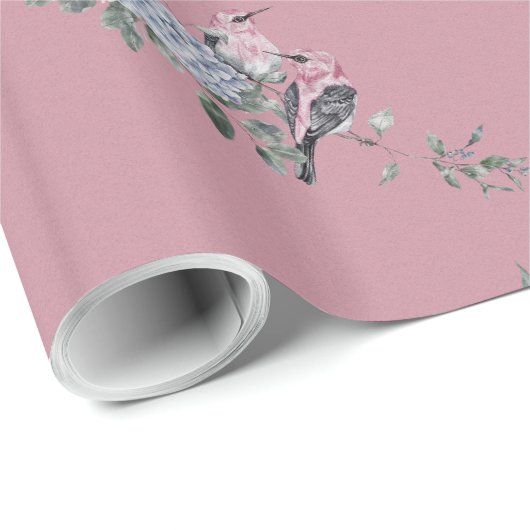 Bridal Blue Hydrangeas und Vögel auf Rosa Geschenkpapier (Rolleneckpunkt)