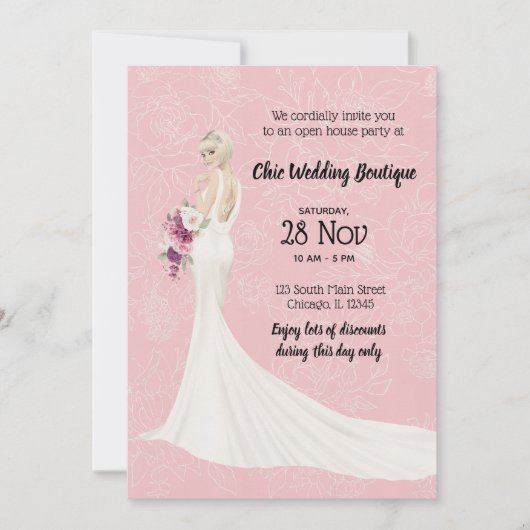 Bridal Boutique offenes Haus wählen Hintergrundfar Einladung (Vorderseite)