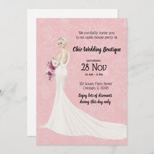 Bridal Boutique offenes Haus wählen Hintergrundfar Einladung (Vorne/Hinten)