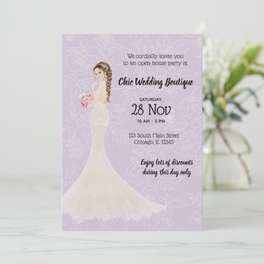 Bridal Boutique offenes Haus wählen Hintergrundfar Einladung (Stehend Vorderseite)