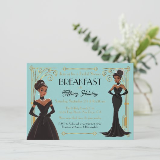 Bridal Breakfast Black Dress Afroamerikaner Einladung (Stehend Vorderseite)