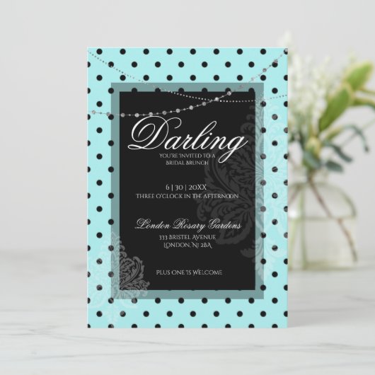 Bridal brunch blauer schwarzer Polka Punkte Save t Einladung (Stehend Vorderseite)